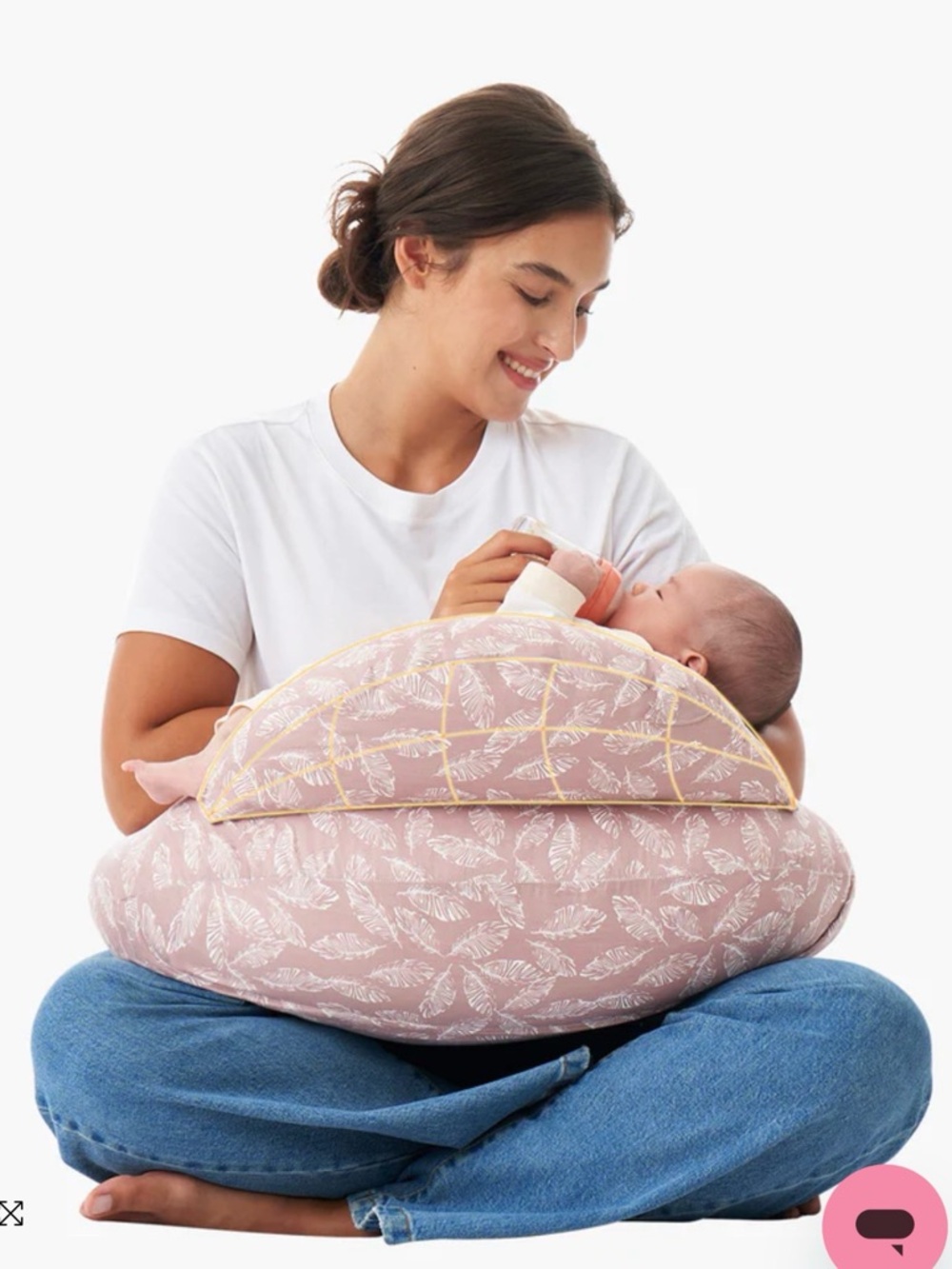 Momcozy multifunctional and adjustable nursing pillow in pink feather print NWOT